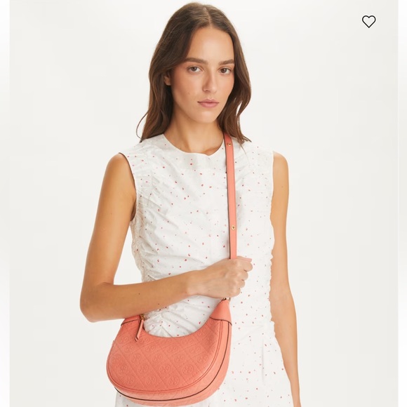 Tory Burch T Monogram Leather Crescent Bag In Coral Crush - Picture 5 of 7